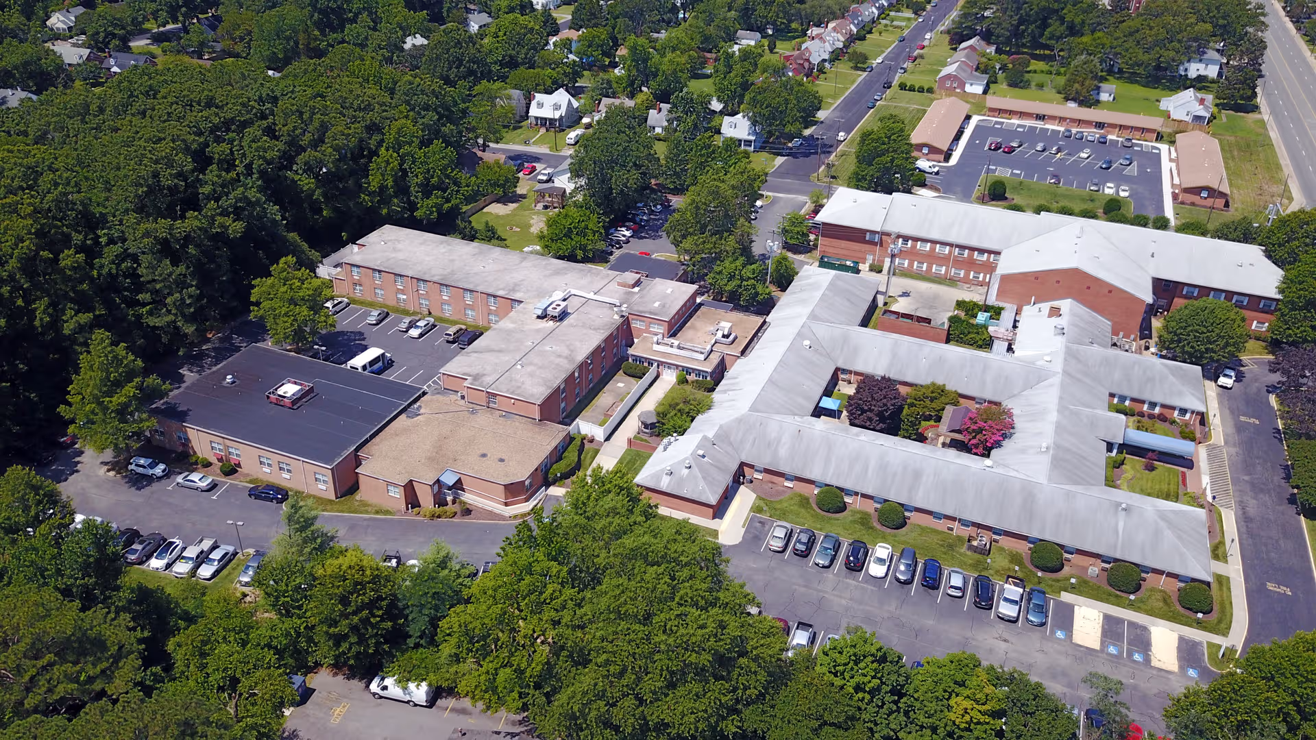 An aerial view of The Village Richmond campus with interconnected buildings.