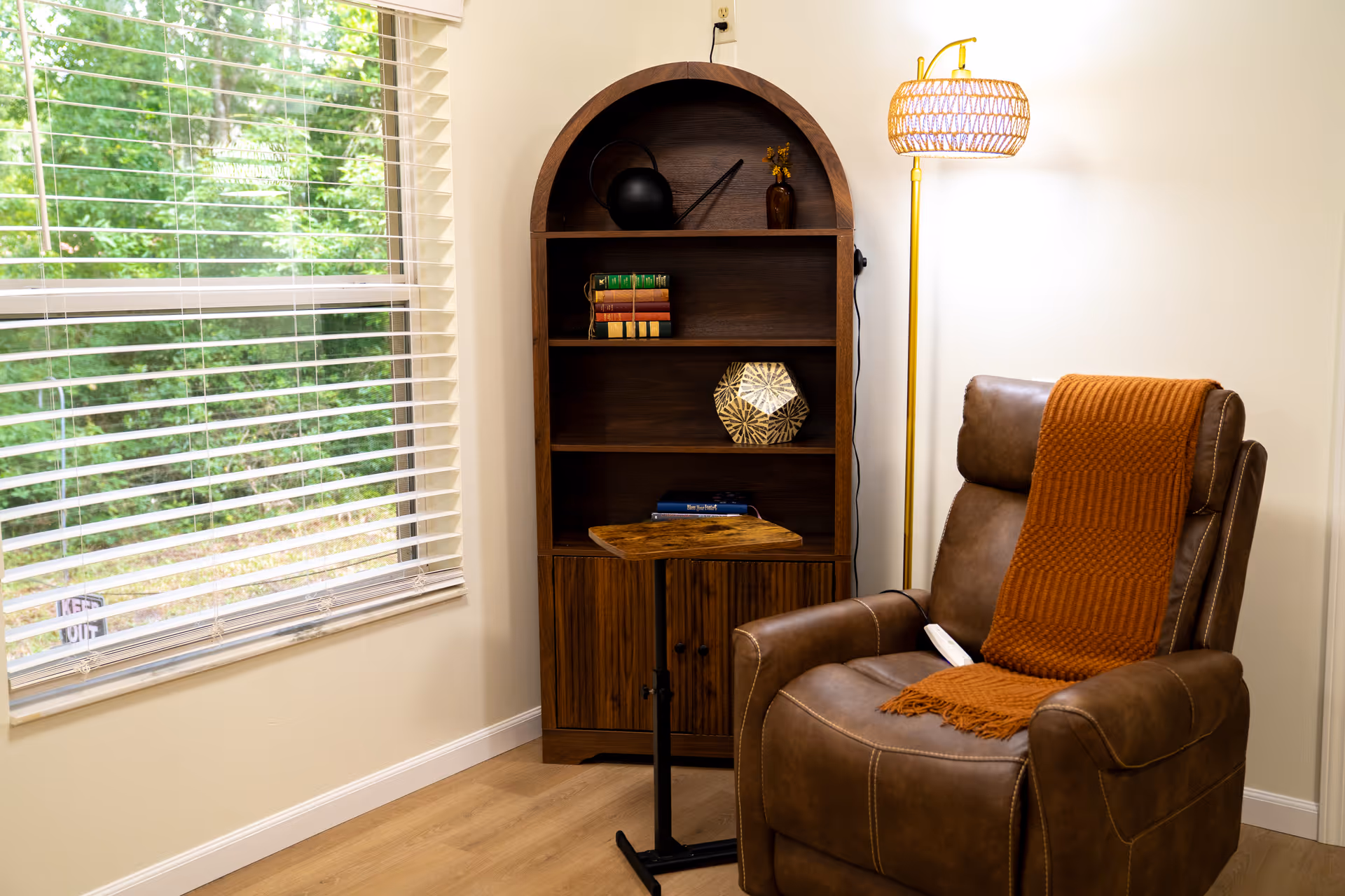 Brown leather recliner beside window, orange throw, bookshelf, and floor lamp in a cozy living room.