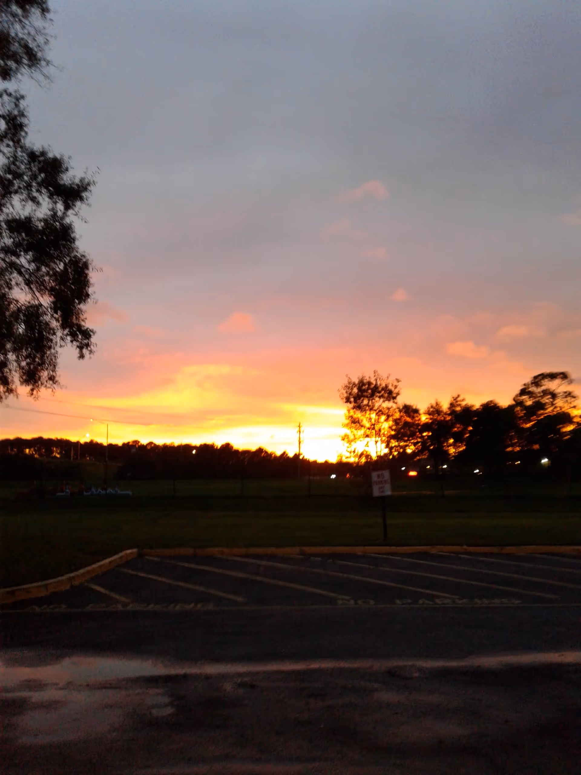 Sunset over a grassy field with trees and a parking lot in the exterior view.