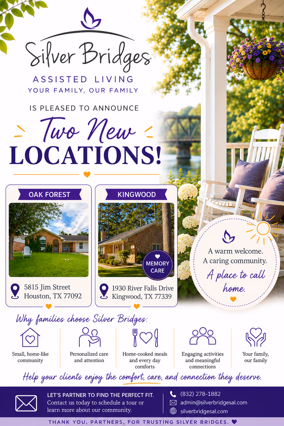 Promotional flyer showing Silver Bridges Assisted Living with an outdoor porch and two new locations.