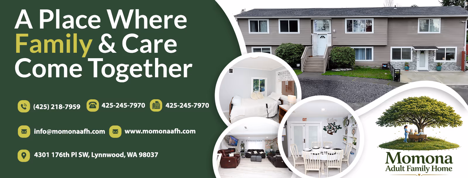 Exterior view of Momona Adult Family Home with interior circular photo insets and logo.