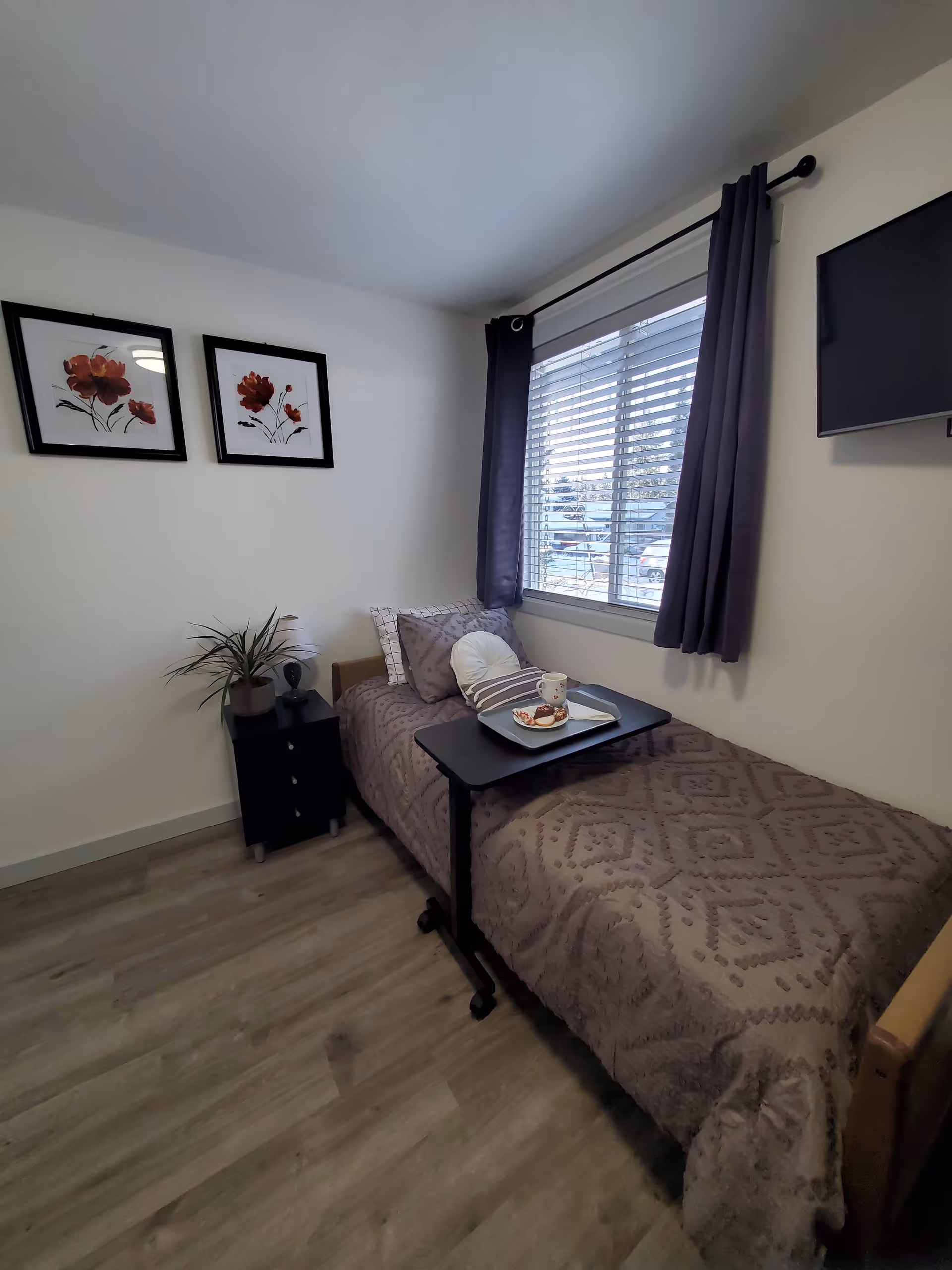 A small furnished bedroom with a bed, nightstand, plant, and window.