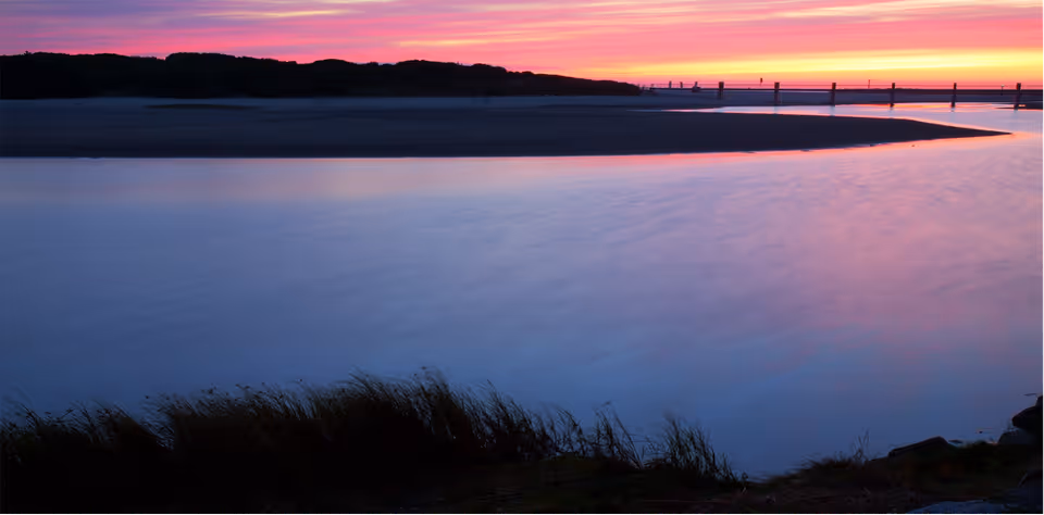 Sunset over a calm body of water with grasses in the foreground and a pier.