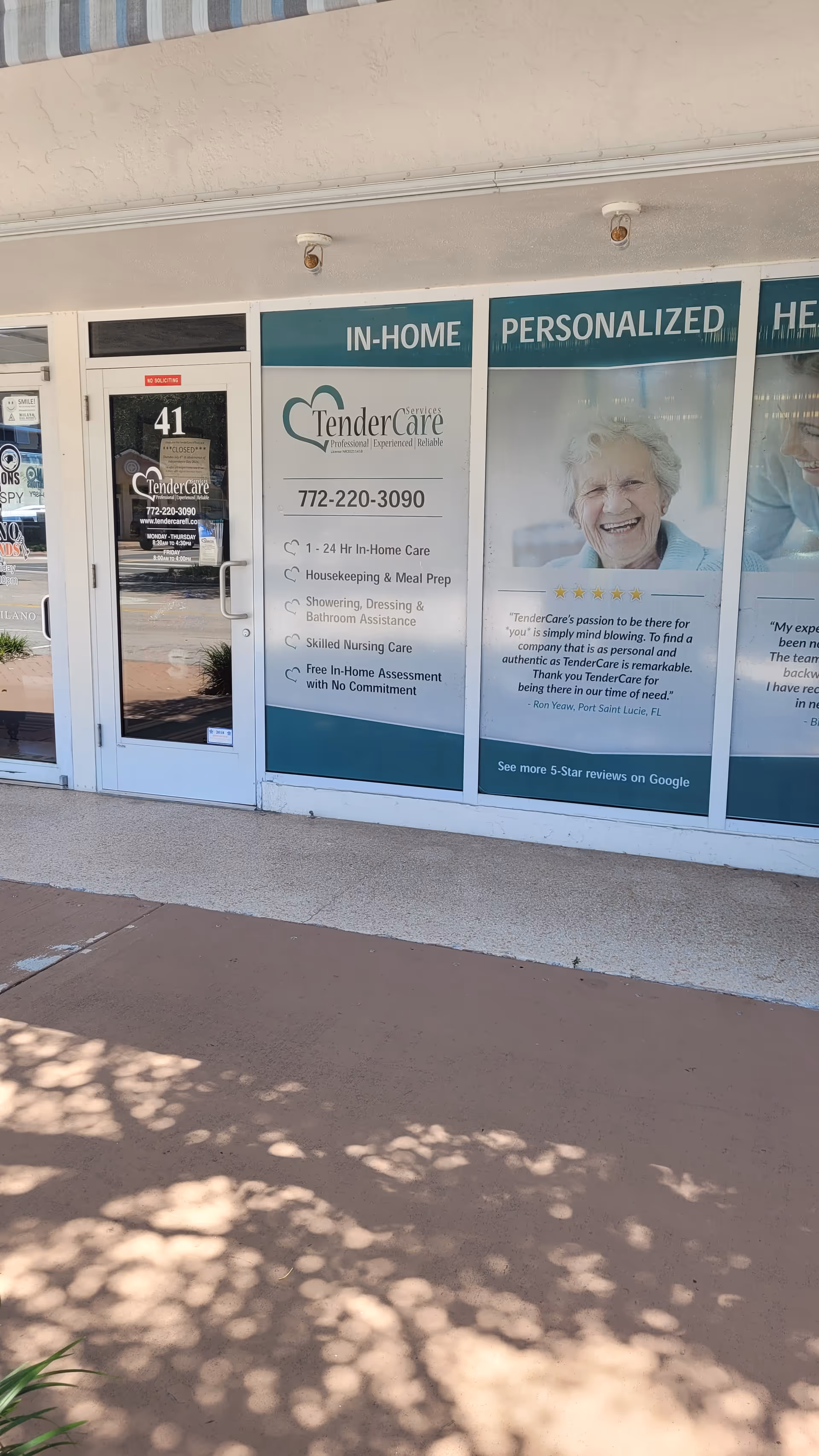Storefront with TenderCare signage and large window banners advertising in-home care services.