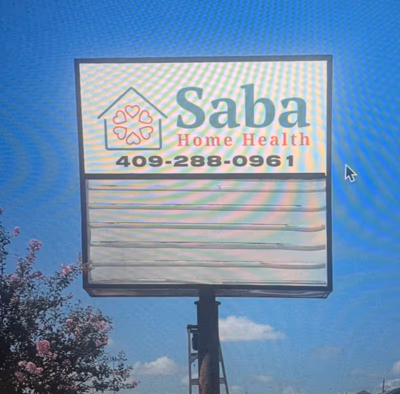 A large outdoor sign reading Saba Home Health against a clear blue sky.