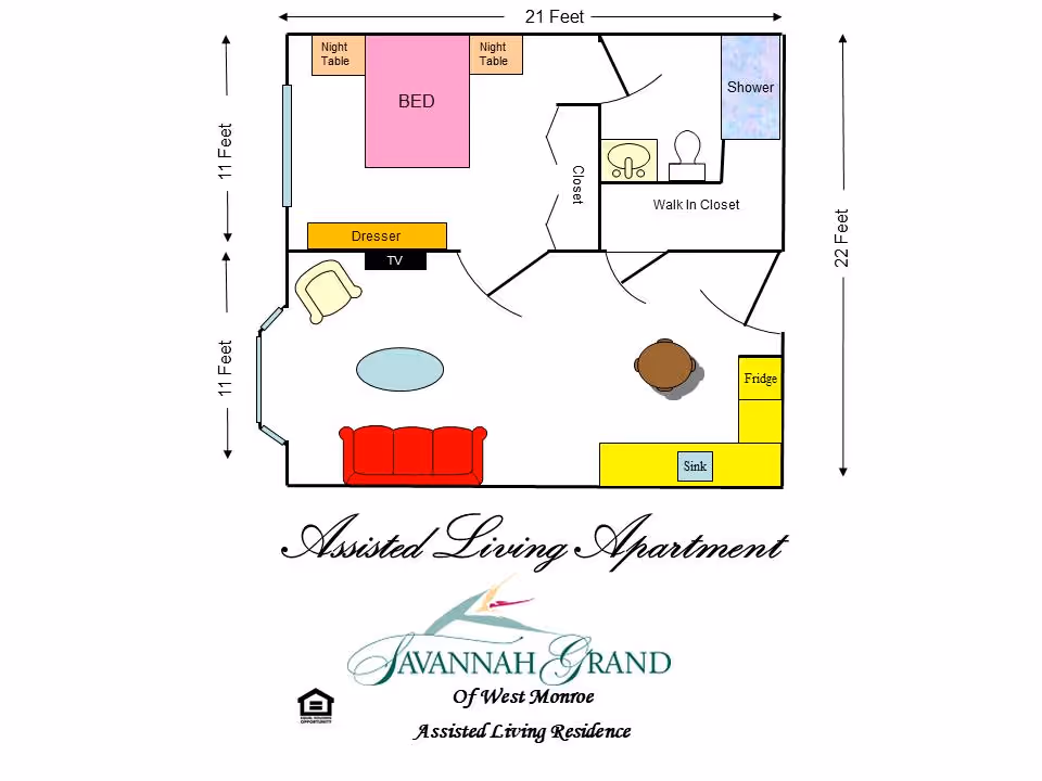 Illustrated floor plan of an assisted living apartment, showing bedroom, living area, kitchen, and bathroom.