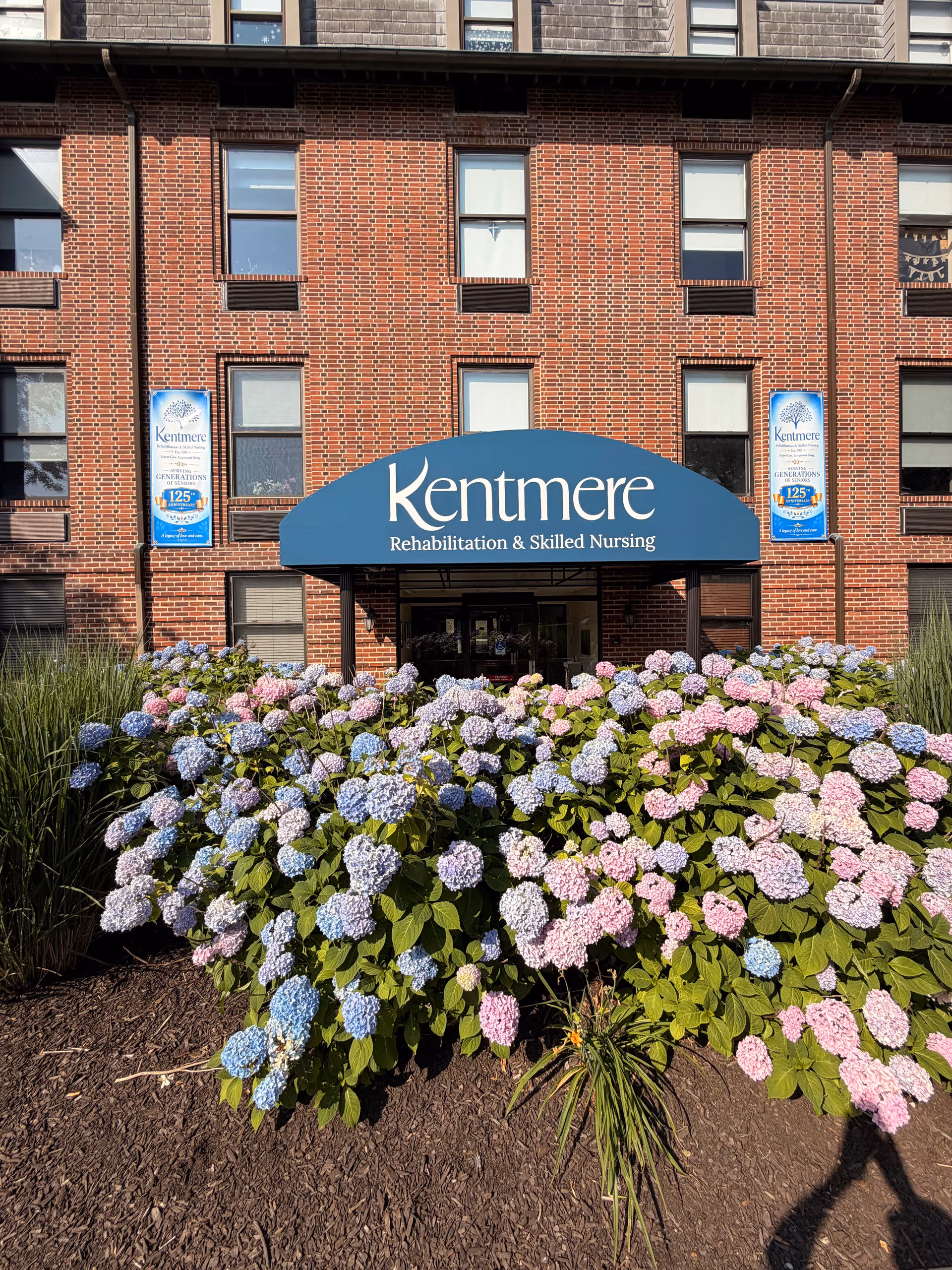 Brick building with blue Kentmere entrance canopy and blooming hydrangeas in front.