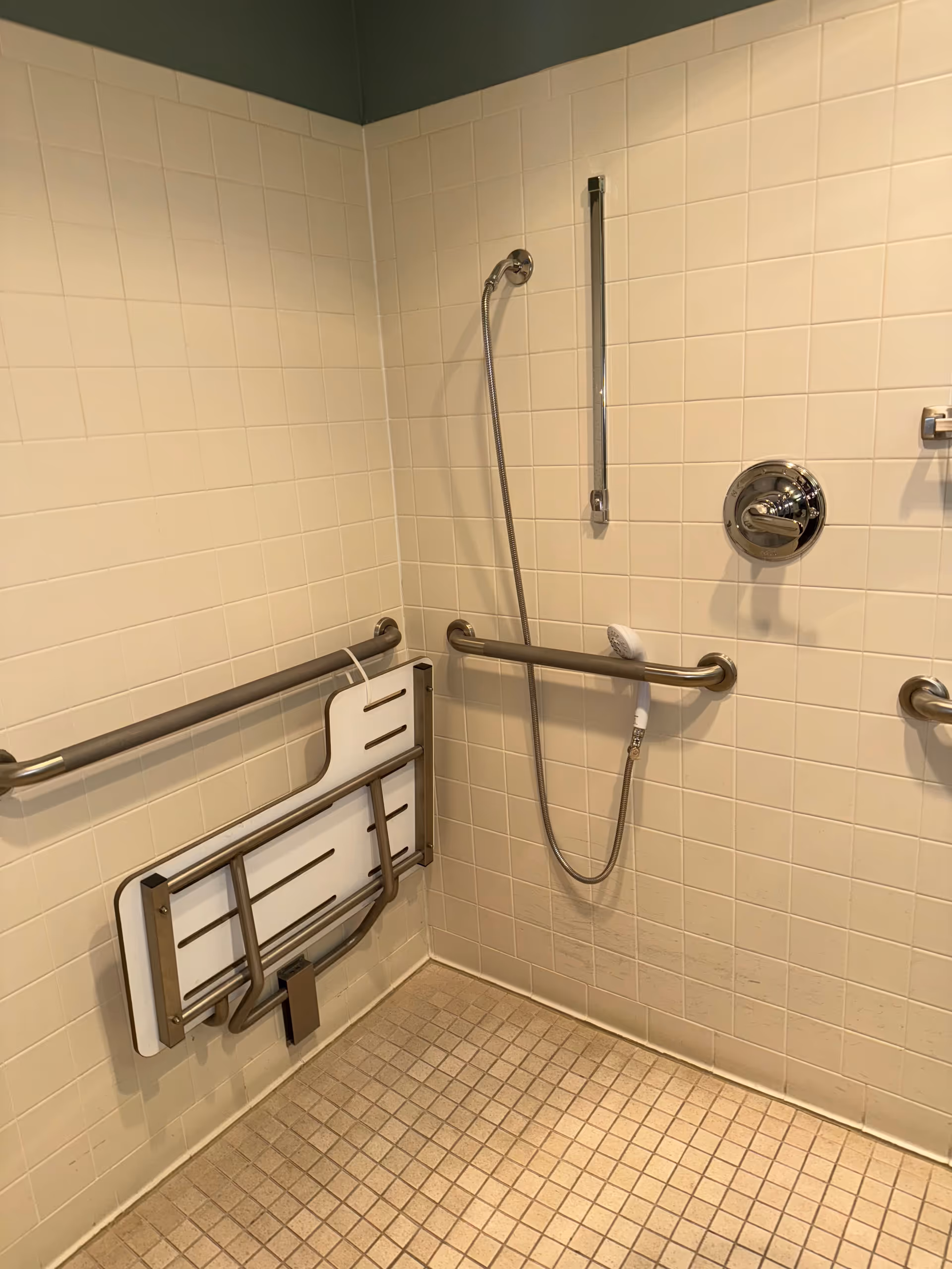 Accessible bathroom with tiled walls, grab bars, and a fold-down shower seat.
