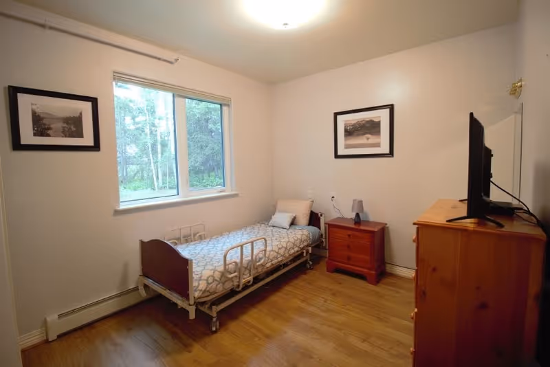 A small bedroom with a single hospital-style bed with side rails, a wooden nightstand with a lamp, a wooden dresser with a flat-screen TV on top, two framed pictures on the walls, and a window showing green trees outside.