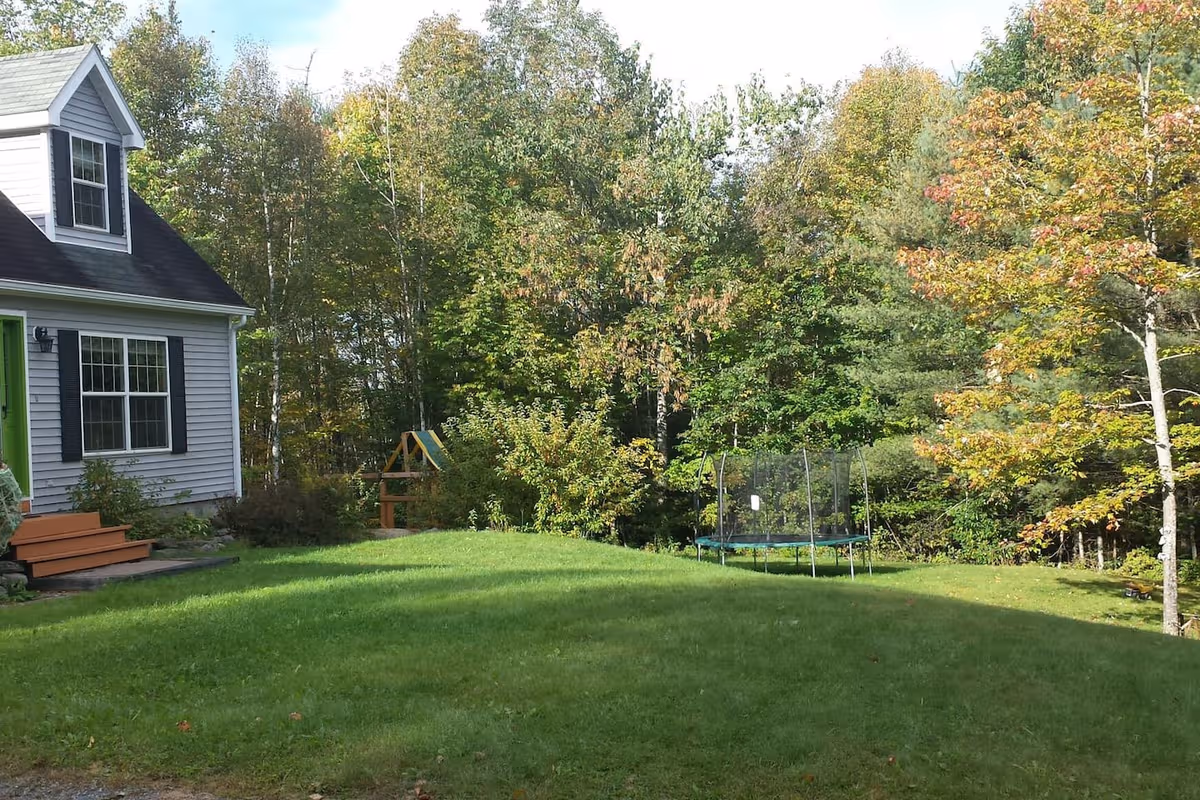 Pleasantwood Estates outdoor lawn with trampoline, playset, and a white house among trees.