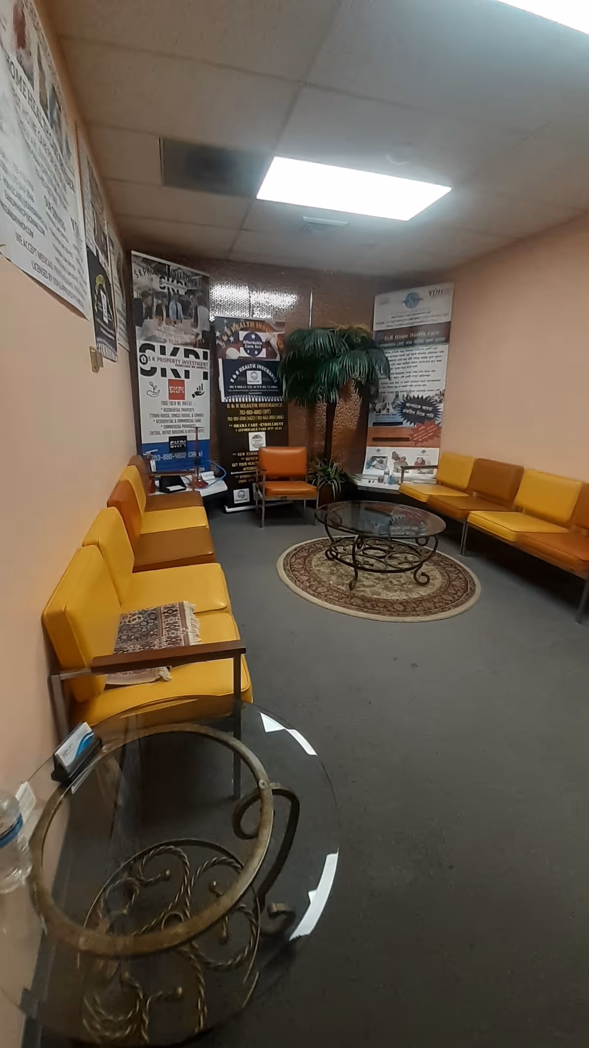 Interior waiting room with yellow chairs, posters, a glass table, and a potted plant.