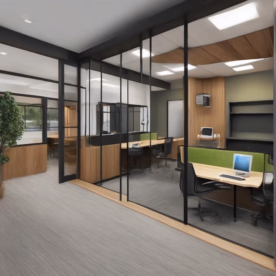 Modern office area inside a senior living facility with glass partitions and desks.