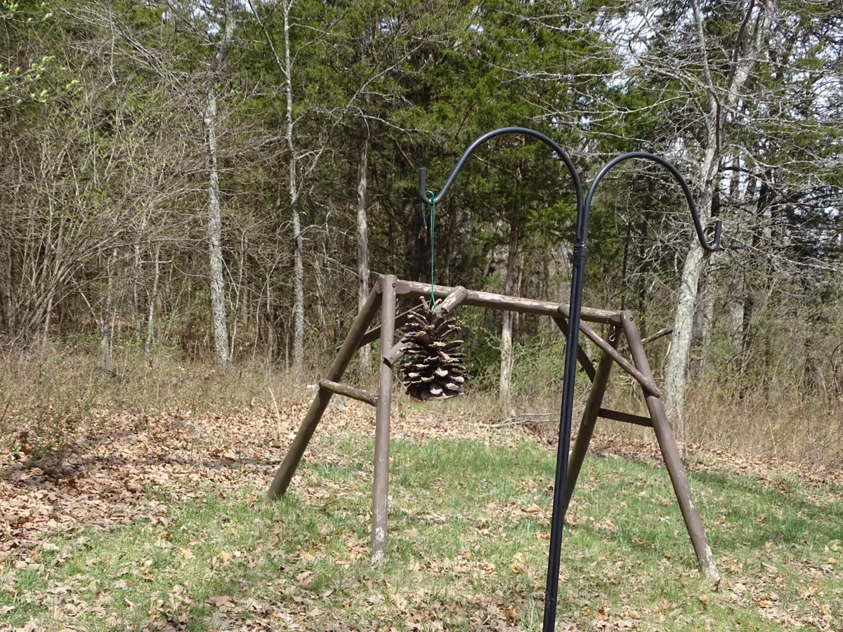 Wooden swing-set with a hanging pinecone ornament in a wooded outdoor area.