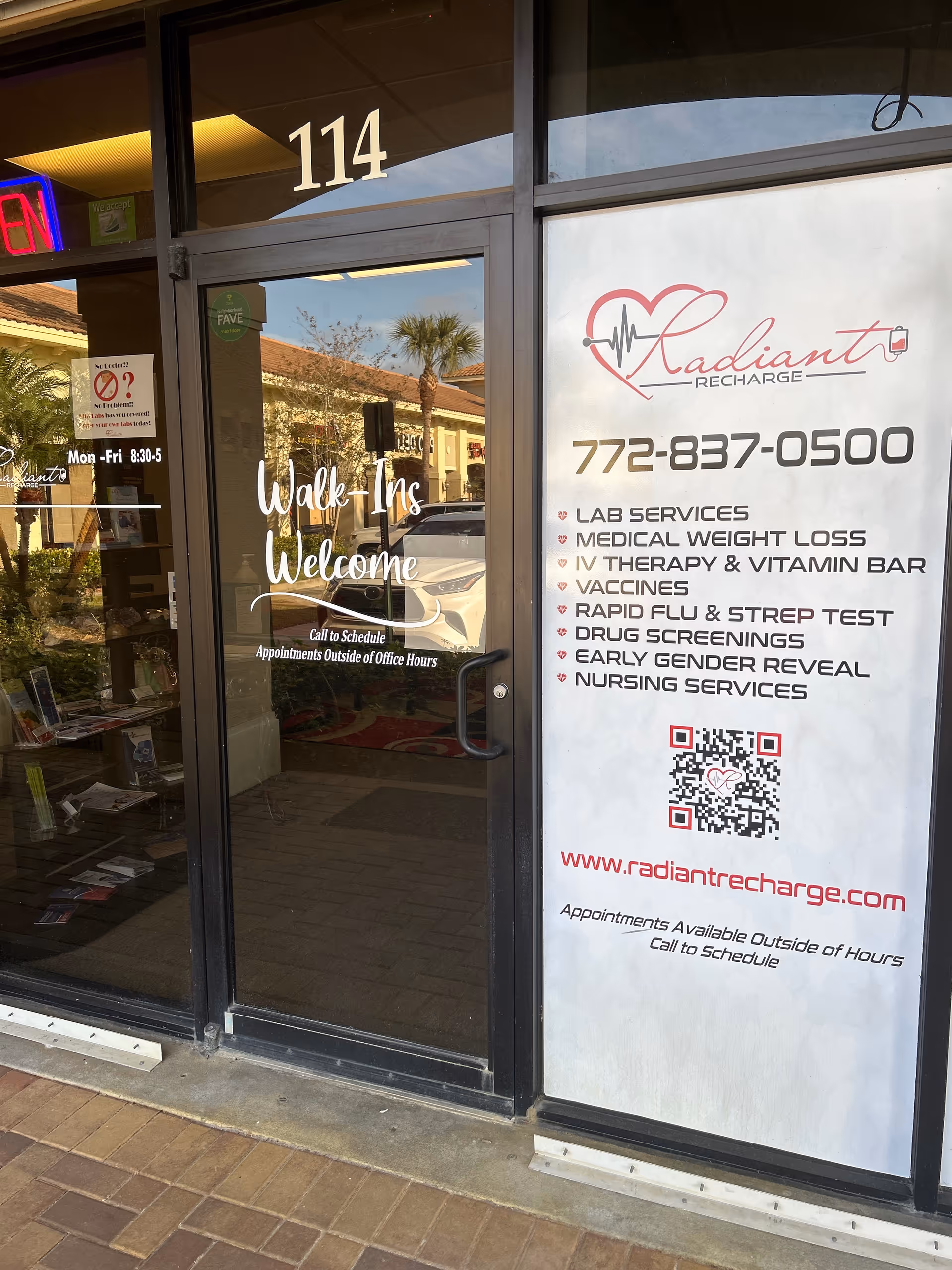 Front entrance of Radiant Recharge with glass doors and Walk-Ins Welcome signage