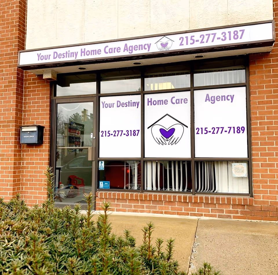 Brick storefront with Your Destiny Home Care Agency sign and large front windows.