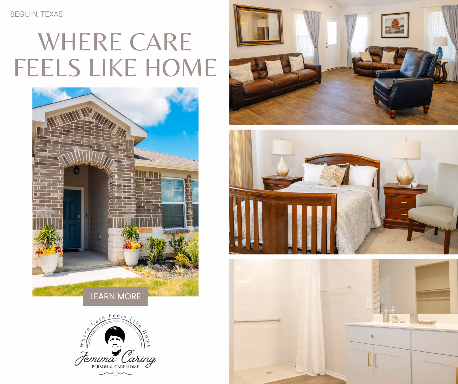 Collage of Jemima Caring Personal Care Home: exterior entrance, living room, bedroom, and bathroom.