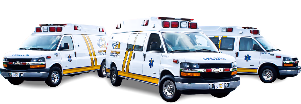 Three white MedEx ambulances lined up against a black background.