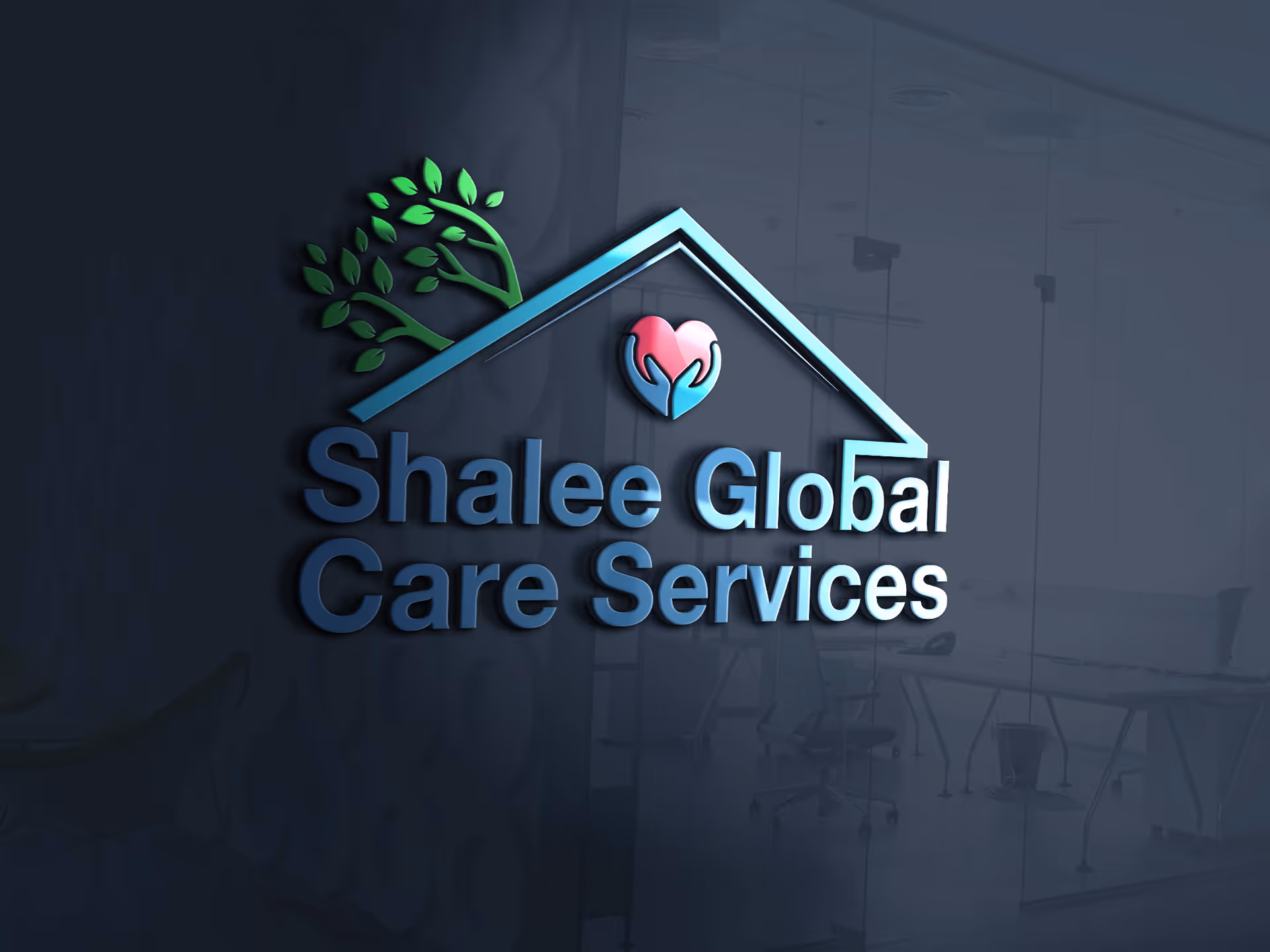 Shalee Global Care Services logo on a glass wall in a modern office interior.