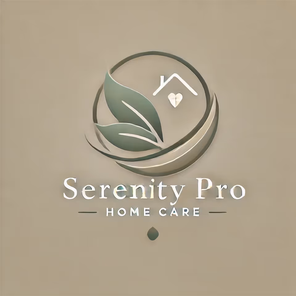 Beige wall logo displaying Serenity Pro Home Care with leaves and a house emblem.