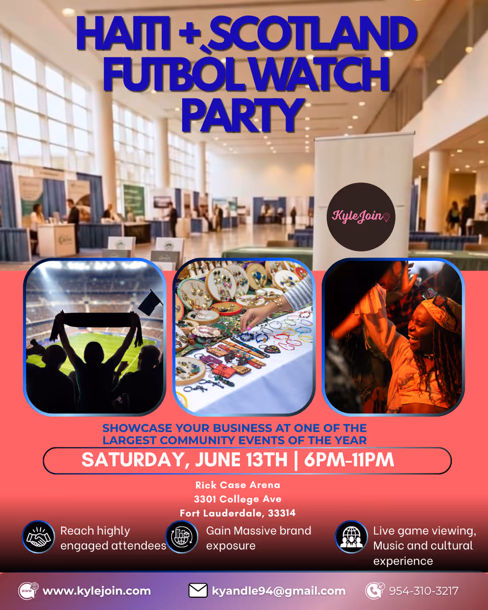 Large indoor hall with booths, a KyleJoin poster, and three image tiles.