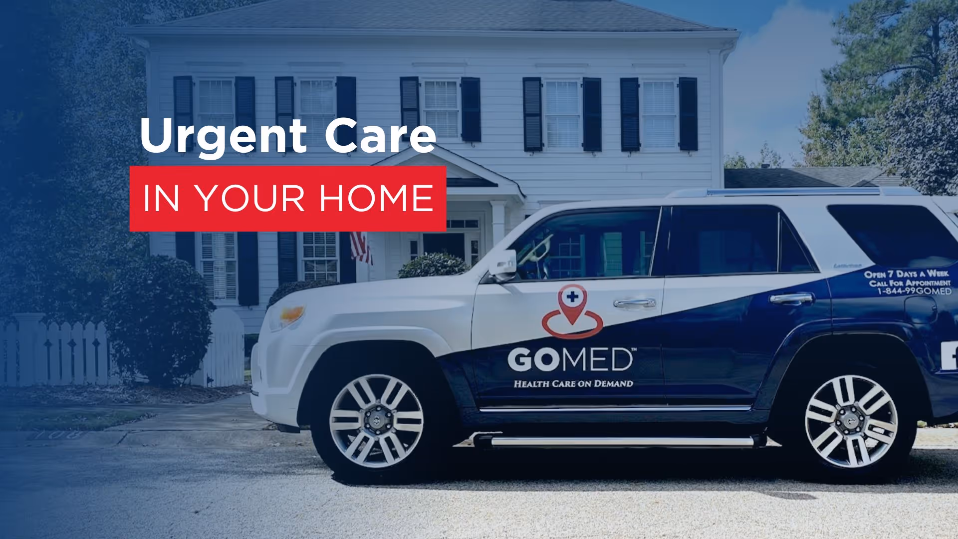 Mobile urgent care van in front of a white two-story house with blue shutters.