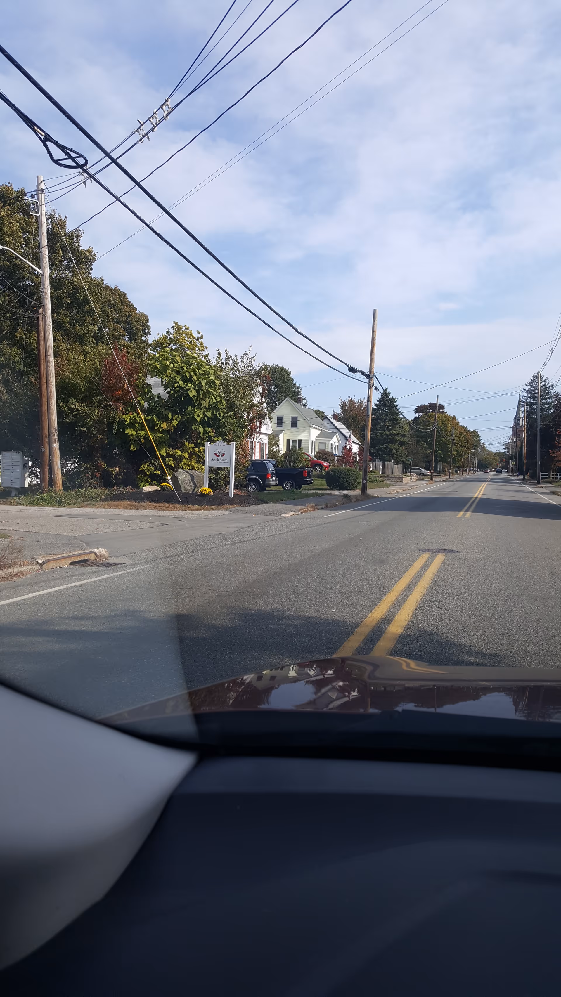 Exterior street view with utility poles, trees, and houses seen from a car