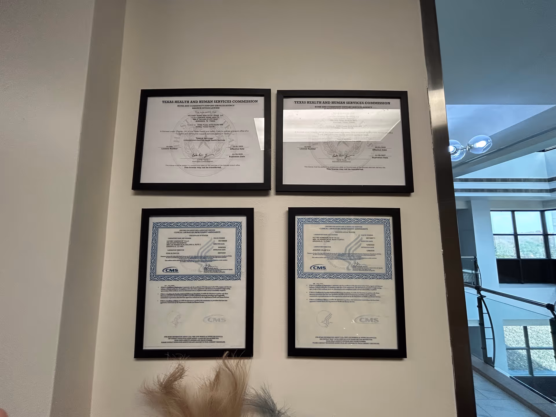 Four framed certificates hang on a light wall in a facility hallway.