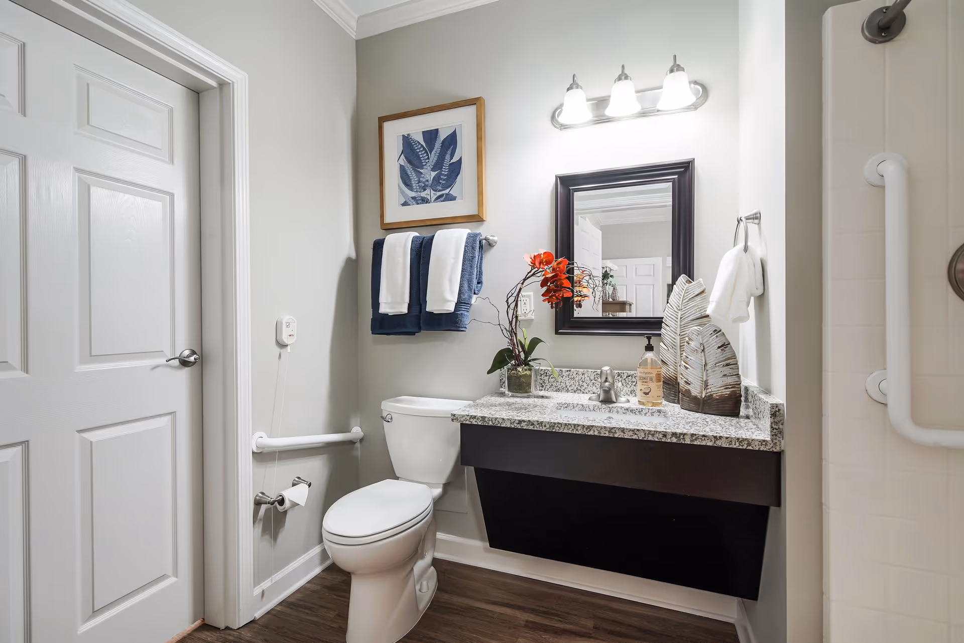 A clean and modern bathroom featuring a white toilet, a granite countertop with a sink, a black framed mirror, and a three-light fixture above. There are decorative items on the countertop including a plant with red flowers and a large leaf sculpture. Two towels, one white and one navy blue, hang on a towel rack beneath a framed botanical print. The bathroom has light gray walls, a white door, and wood-look flooring. Grab bars are visible near the toilet and in the shower area.