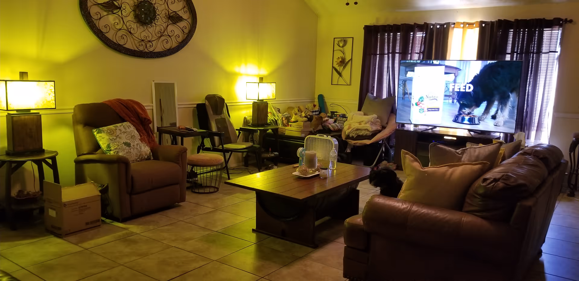 Senior living room with couches, lamps, a coffee table, and a large TV.