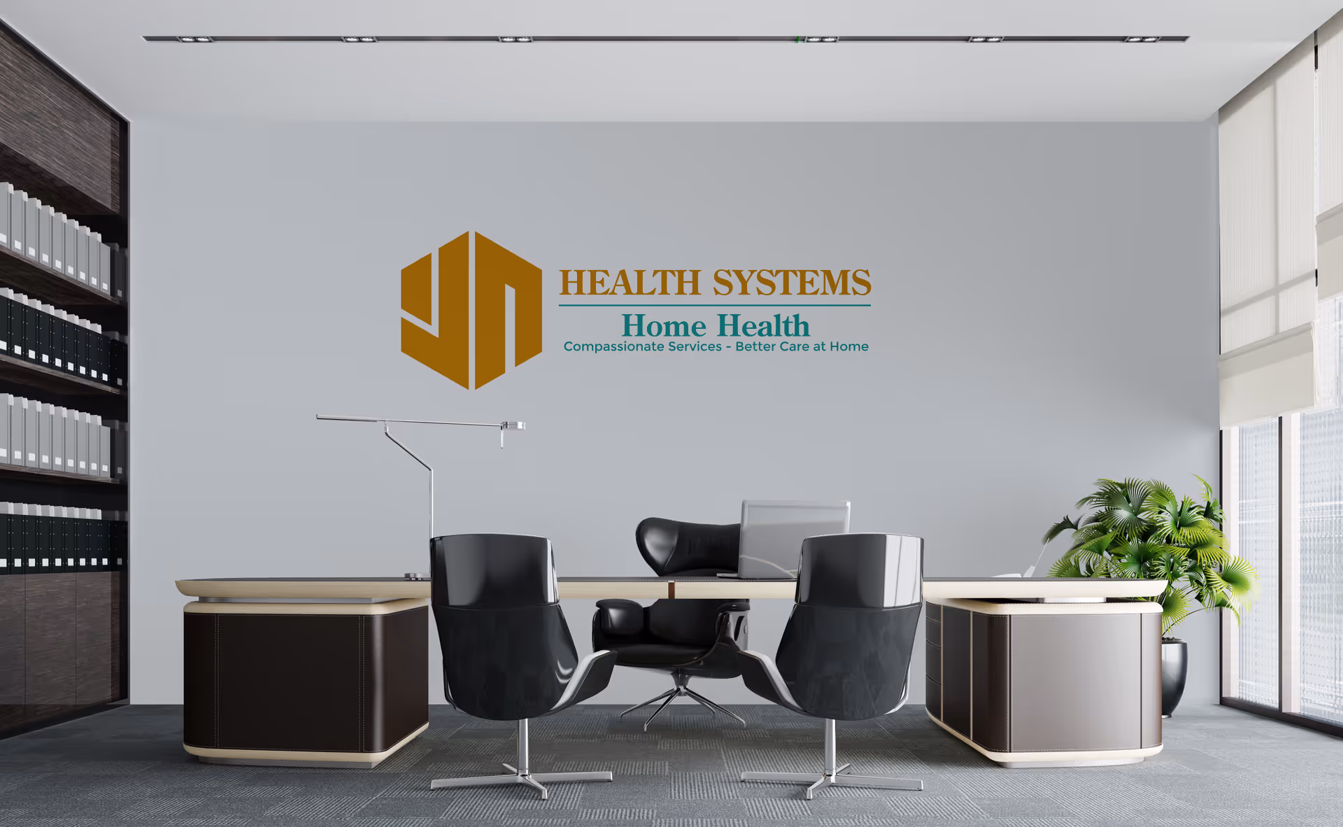 Indoor office workspace with desks, chairs, and a Health Systems logo on gray wall.