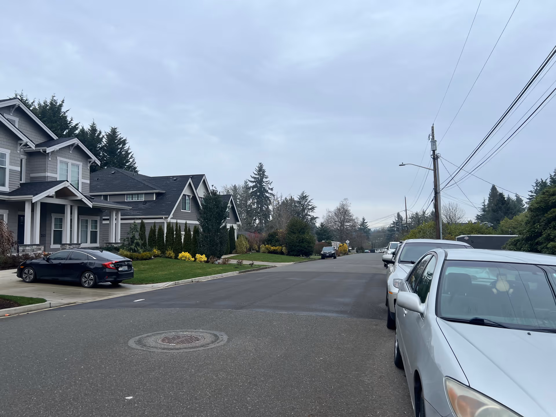 Residential street lined with parked cars and gray suburban homes under cloudy sky.