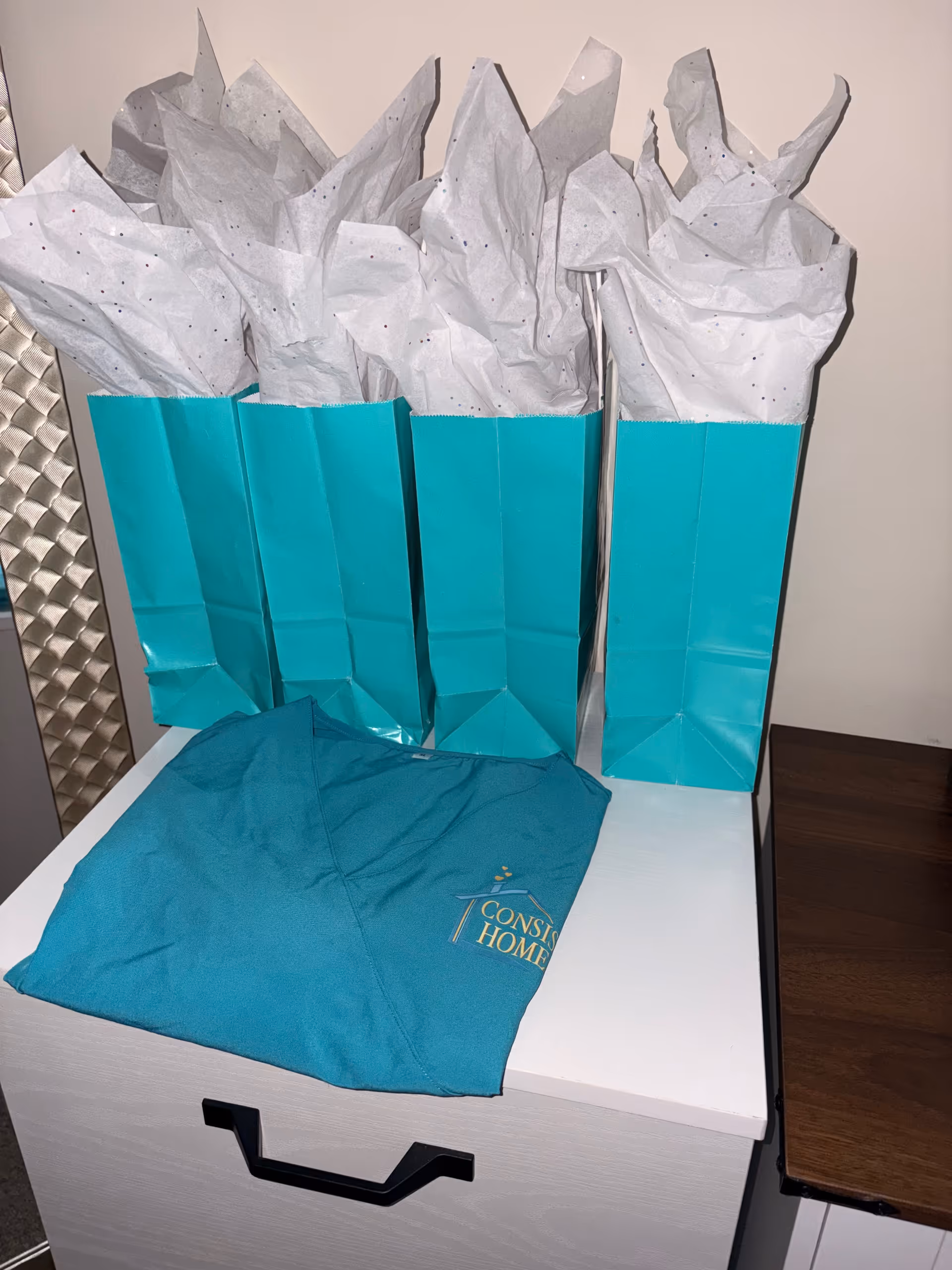 Three teal gift bags with tissue paper and a Consistent Home Care cloth on a cabinet
