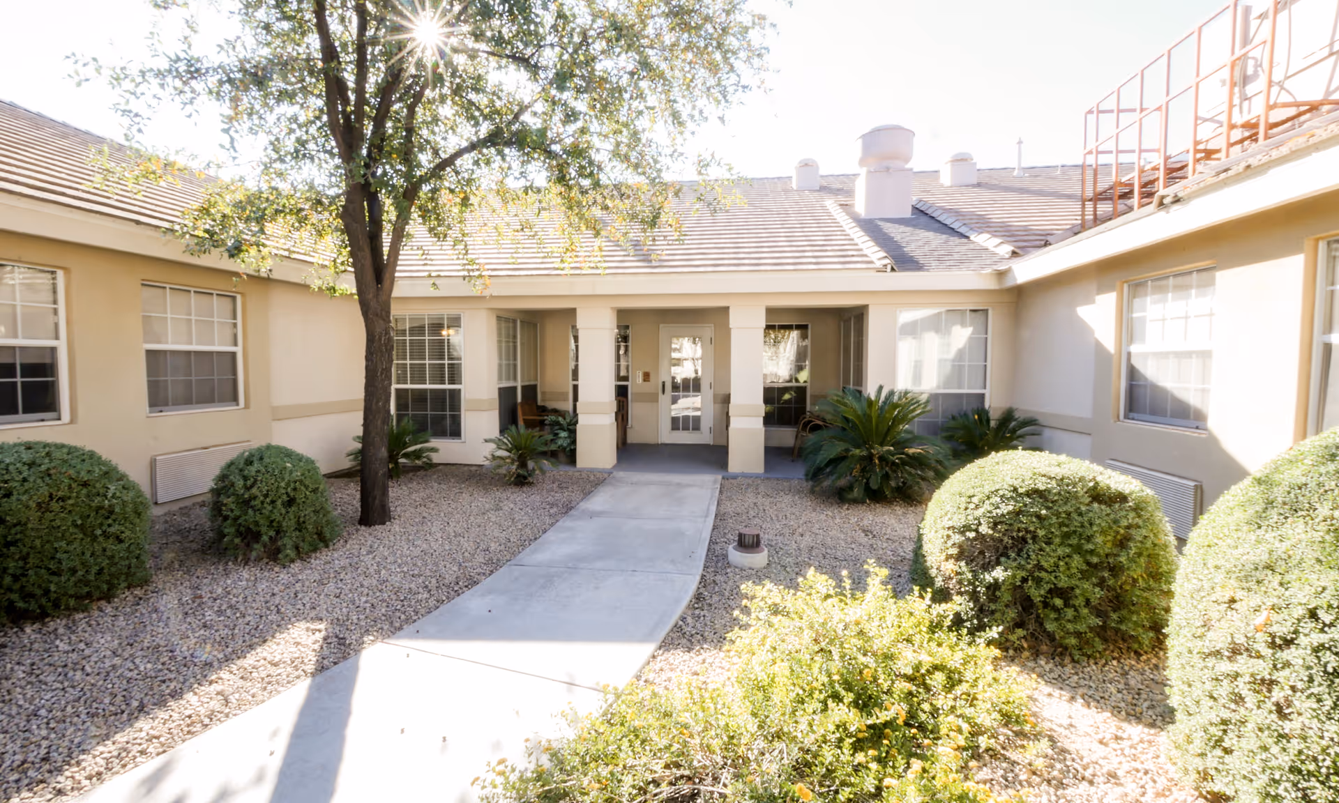 Sunny front courtyard of a single-story senior living building with a walkway and shrubs.