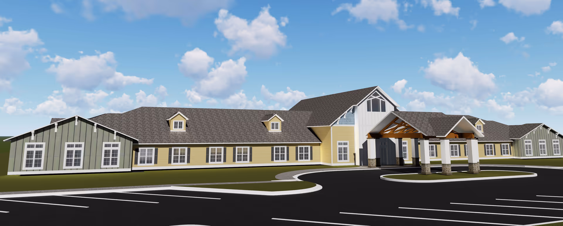Exterior view of a large senior living facility building with a combination of green and yellow siding, multiple windows, and a covered entrance. The building is surrounded by a paved parking area under a partly cloudy blue sky.