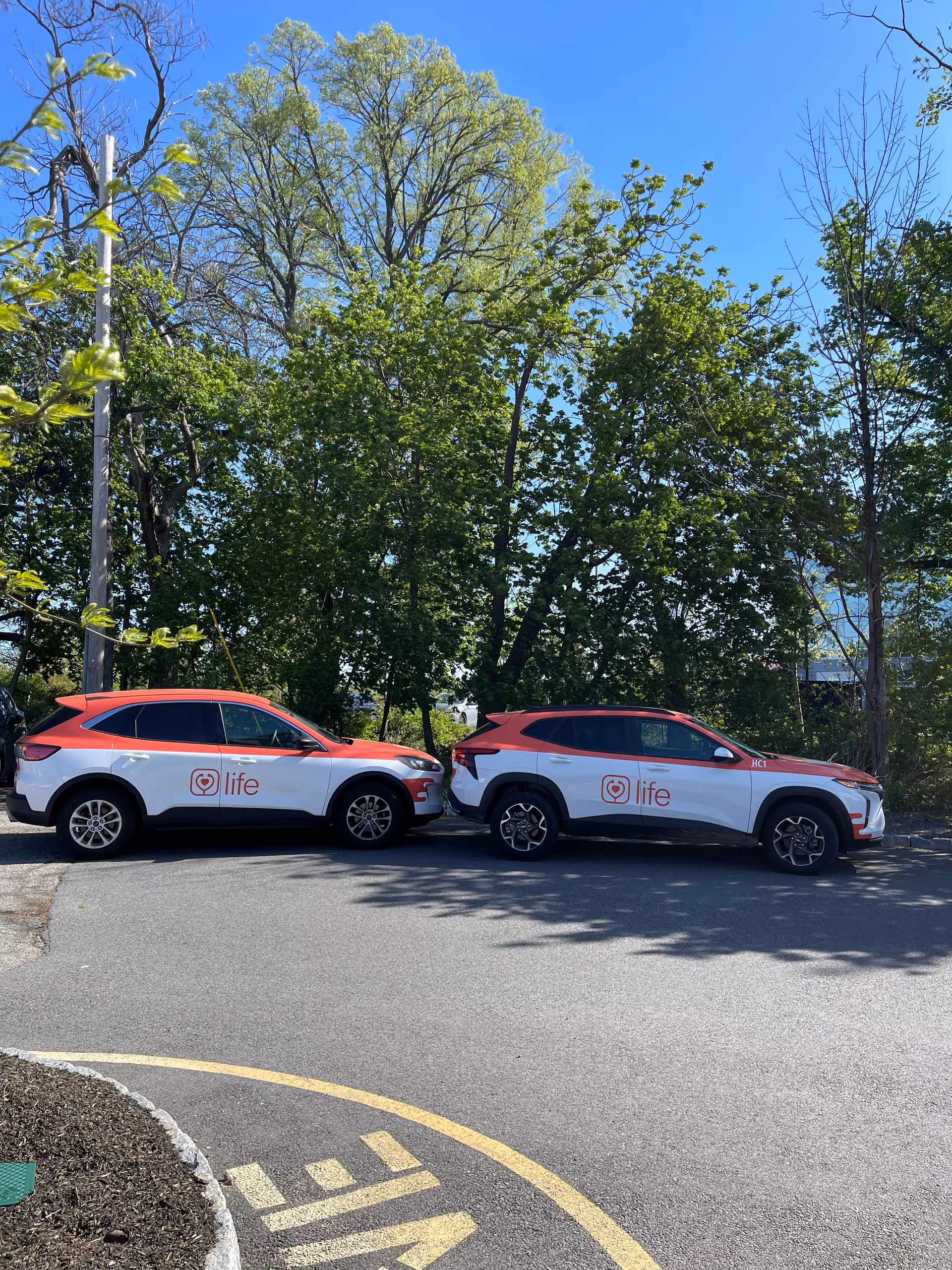 Two Life-branded red-and-white vehicles parked outdoors beside green trees under blue sky.