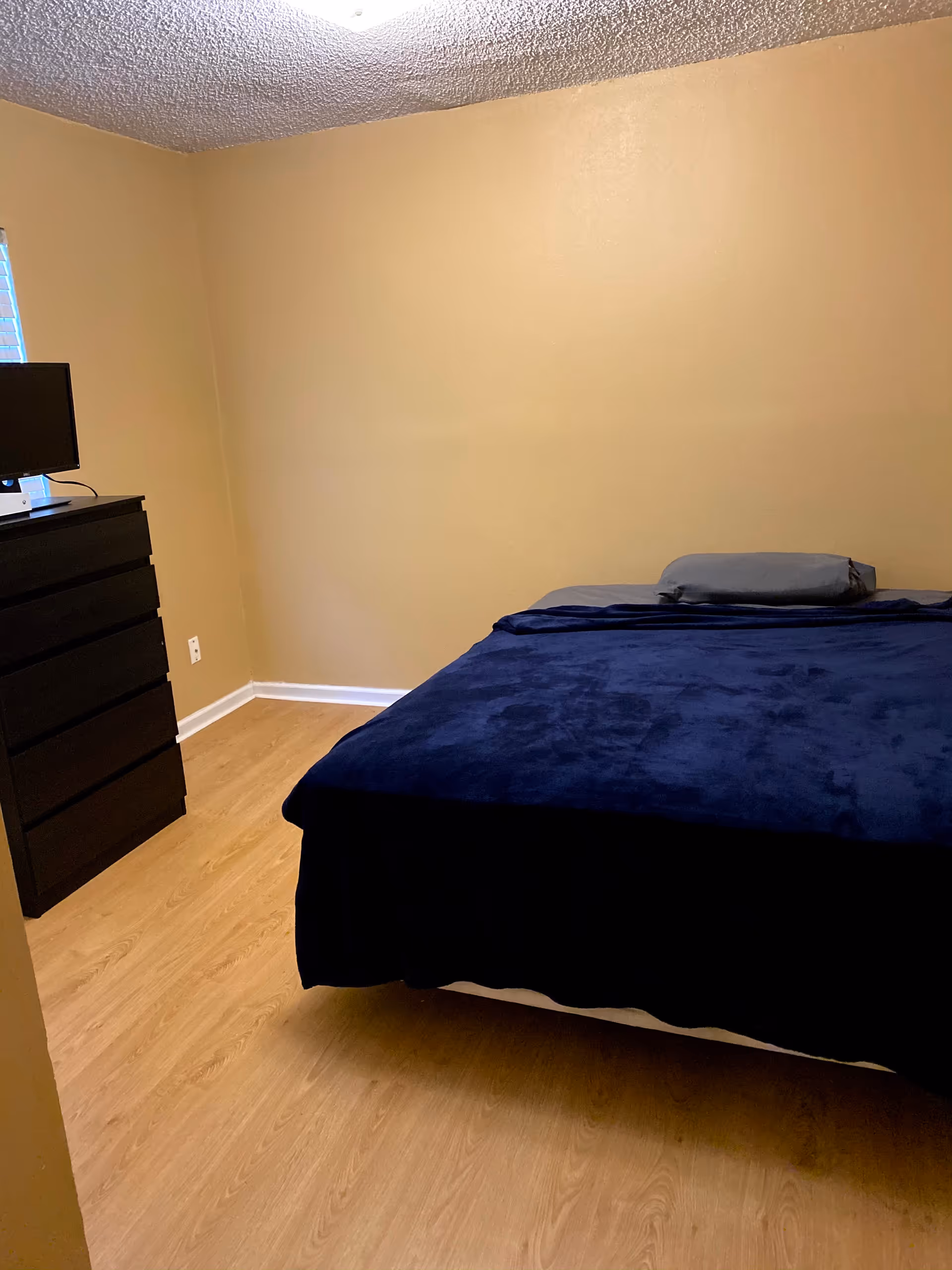 Bedroom with a dark blue blanket, gray pillow, dresser with monitor, and beige walls.