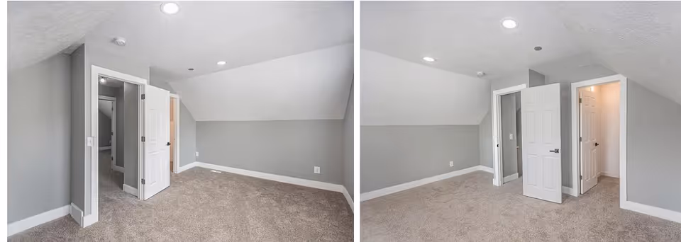 Two-panel interior photo of a gray-carpeted room with doors and a sloped ceiling.