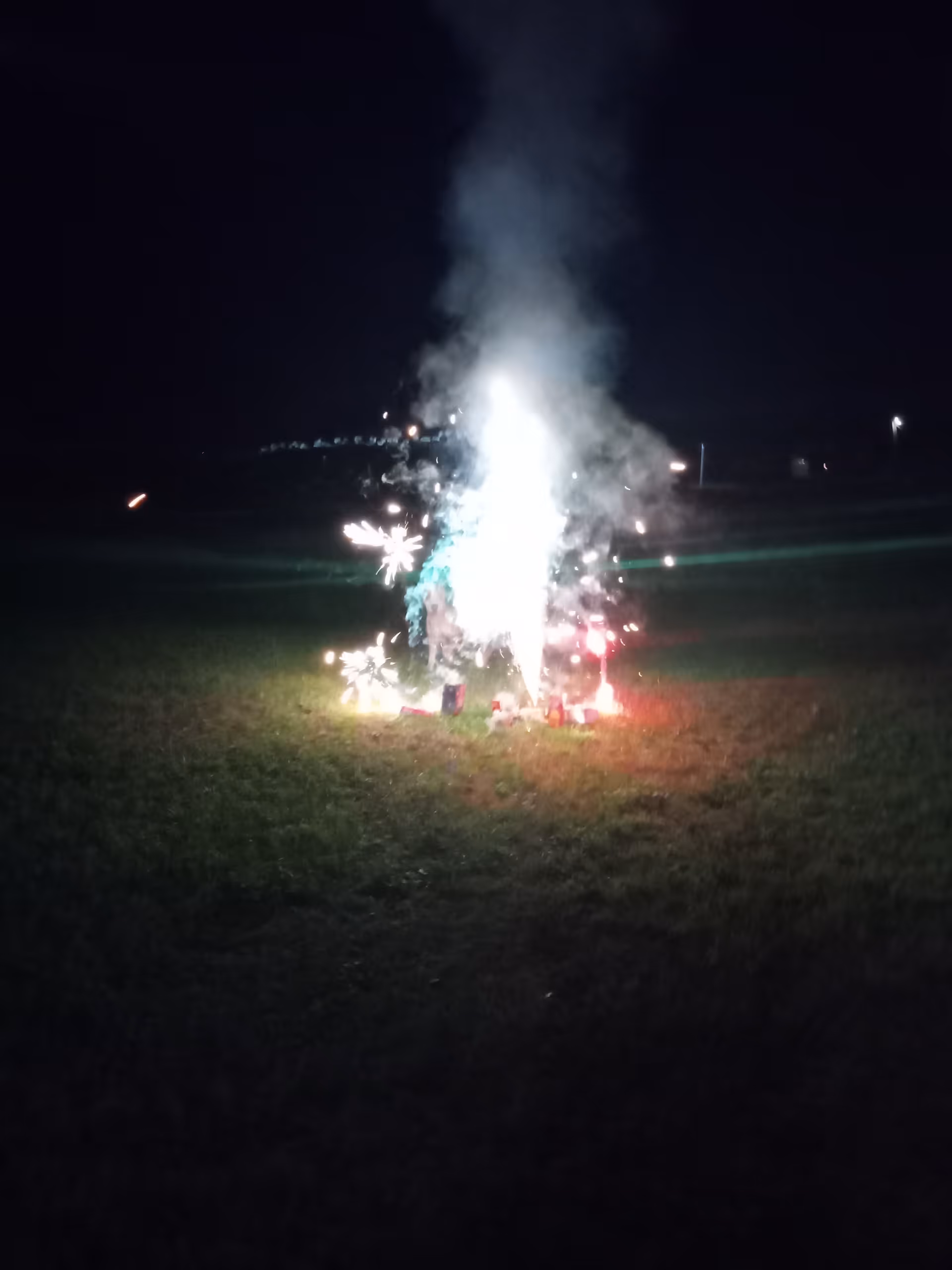 Nighttime outdoor scene showing a large fireworks display over a grassy field.
