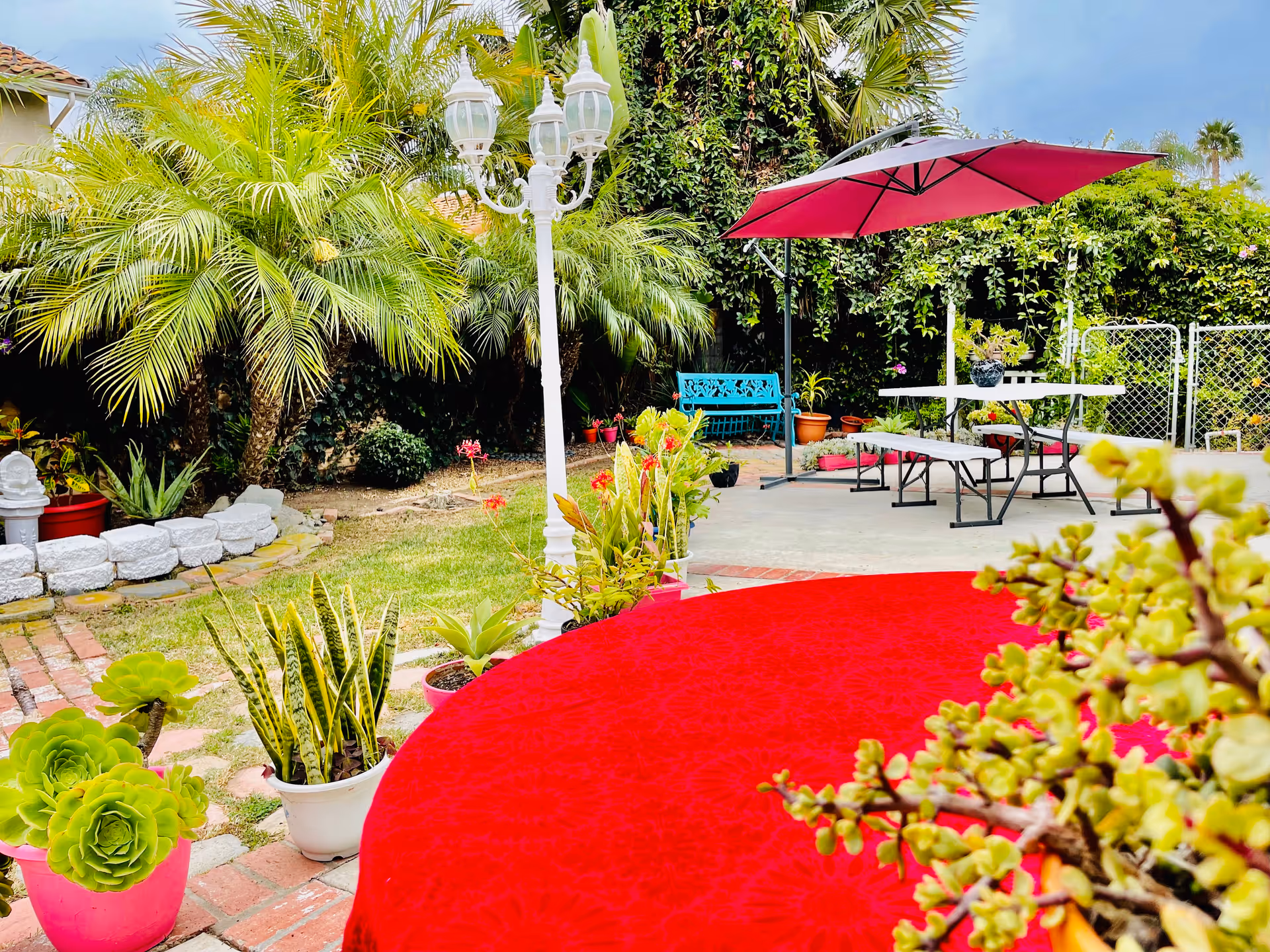 A vibrant outdoor garden area with various potted plants, a red tablecloth on a round table in the foreground, a white lamp post, a blue bench, and a picnic table with a large red umbrella. The background features lush green palm trees and other foliage.