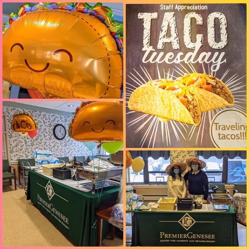 Collage of four images showing a taco-themed staff appreciation event at Premier Genesee Center for Nursing and Rehabilitation. One image shows a smiling taco-shaped balloon, another shows a table set up with food trays and taco balloons in a room with floral wallpaper. A third image shows a poster advertising 'Taco Tuesday' with two tacos and the text 'Traveling tacos!!!'. The fourth image shows two people wearing sombreros and face masks standing behind a table with a green Premier Genesee tablecloth, with balloons and windows in the background.