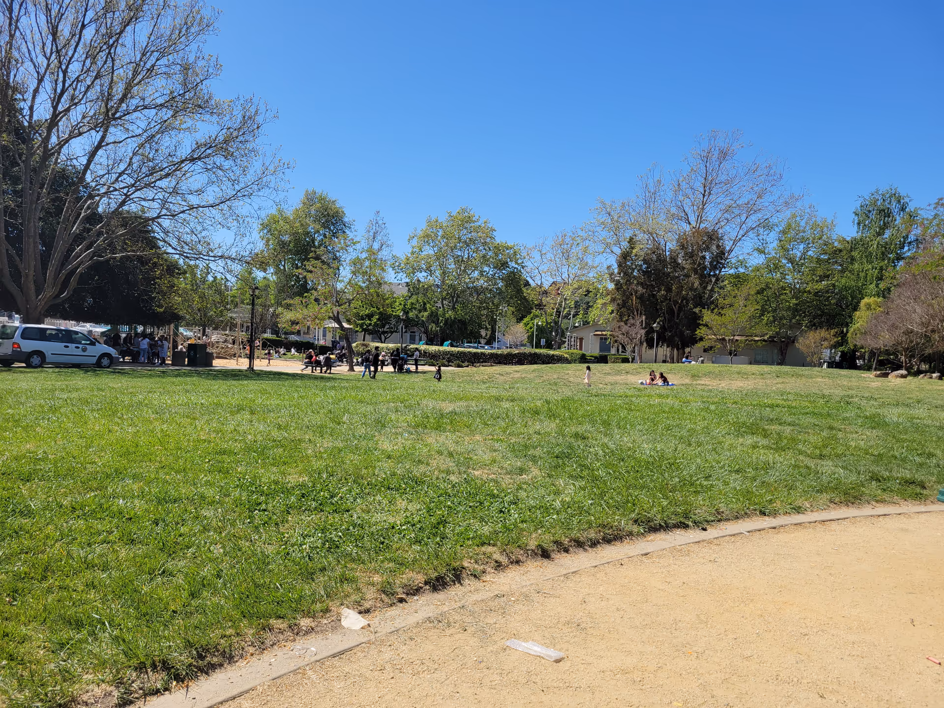 Broad grassy park with scattered groups, trees, and a curved dirt path under blue sky.
