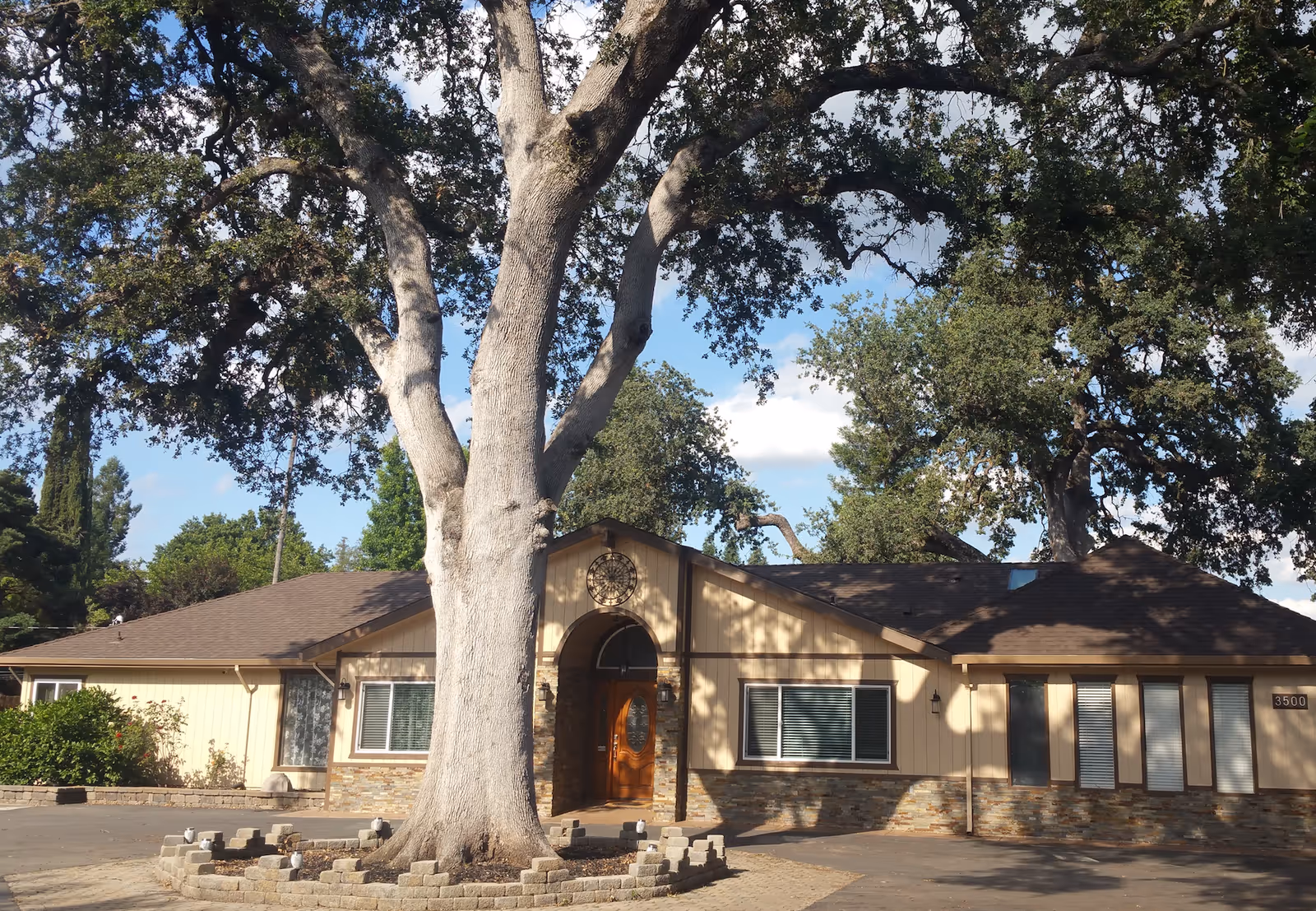 Single-story senior living building with a large tree in front and a wooden entrance.