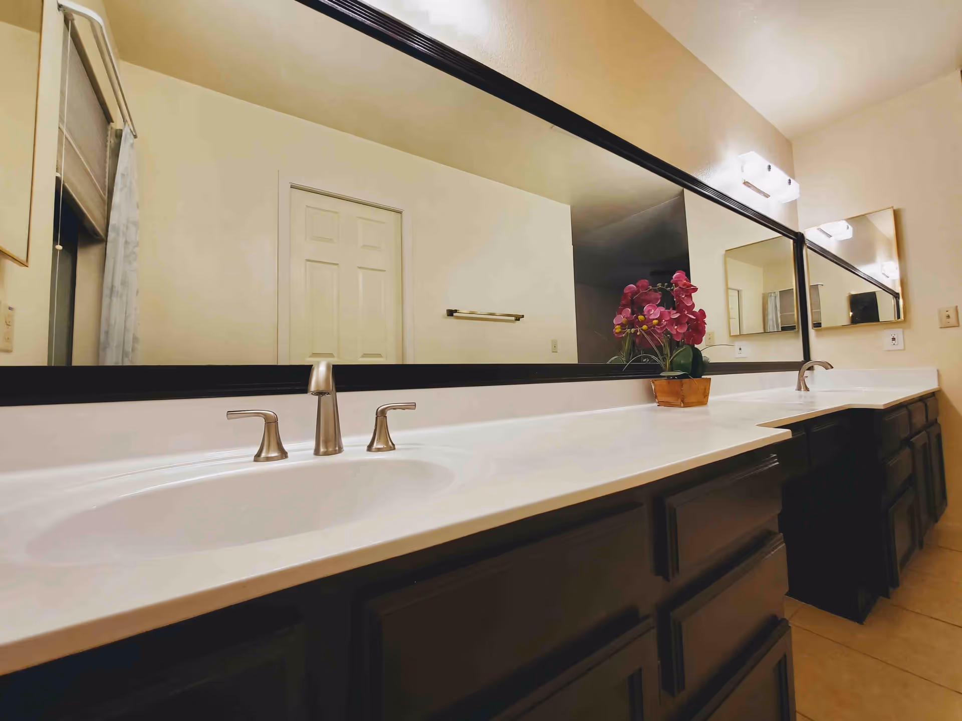 Double-sink bathroom vanity with a long mirror, brushed-nickel faucets, and a potted orchid on the countertop.
