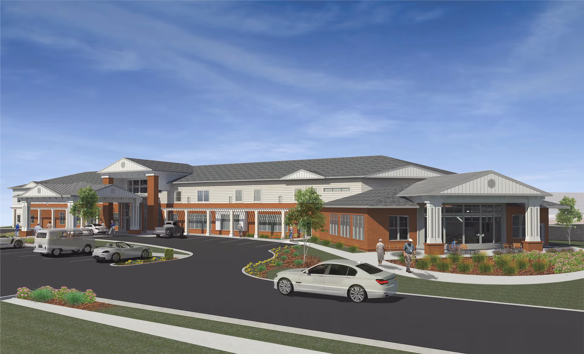 The Heritage at Fountain Point exterior of a modern senior living facility with parking.