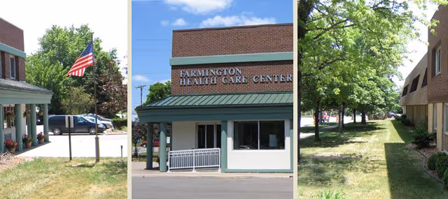Exterior view of Medilodge of Farmington with entrance sign and flag.