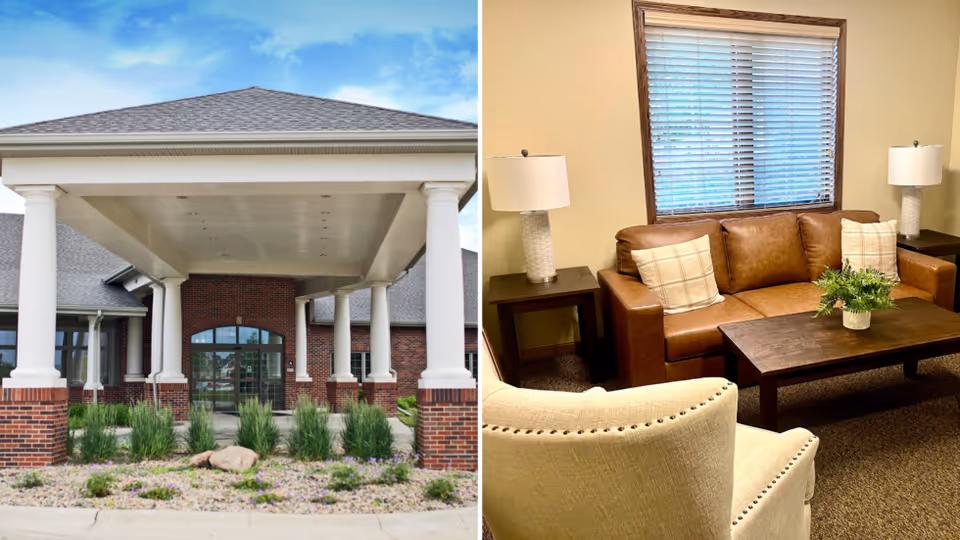 Split image showing the brick front entrance of a senior living facility with white columns and landscaping, alongside a cozy interior sitting area with a leather sofa, armchair, coffee table and lamps.