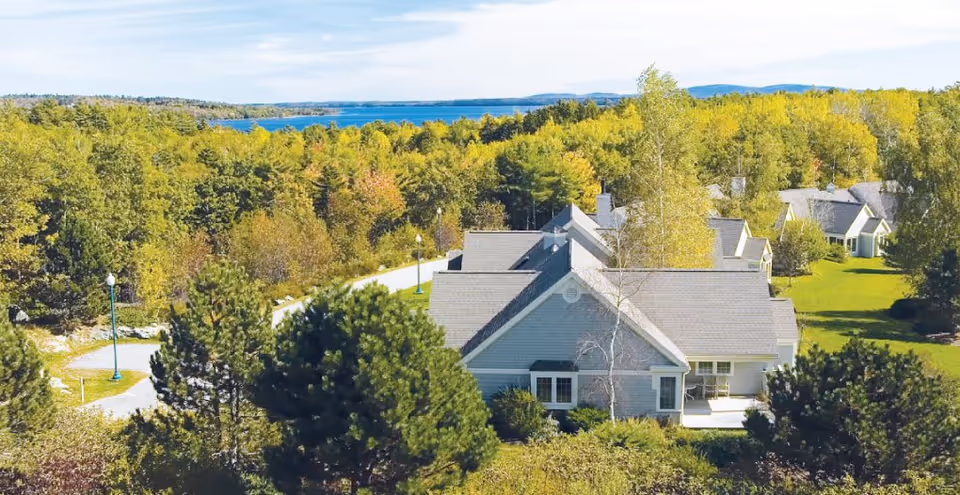 Aerial exterior view of single-story cottages surrounded by trees with a lake on the horizon.