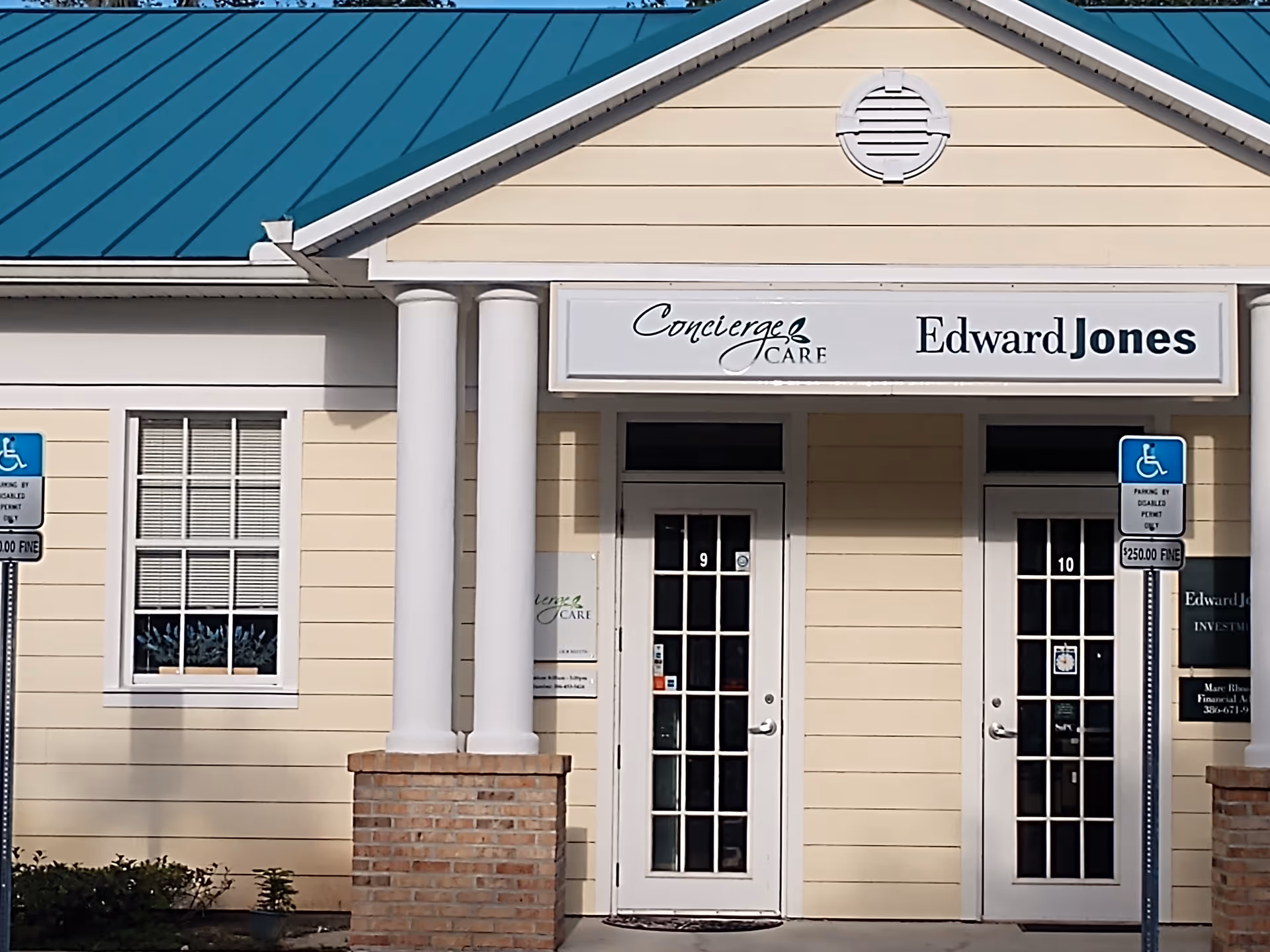Exterior view of a concierge care entrance with Edward Jones signage.