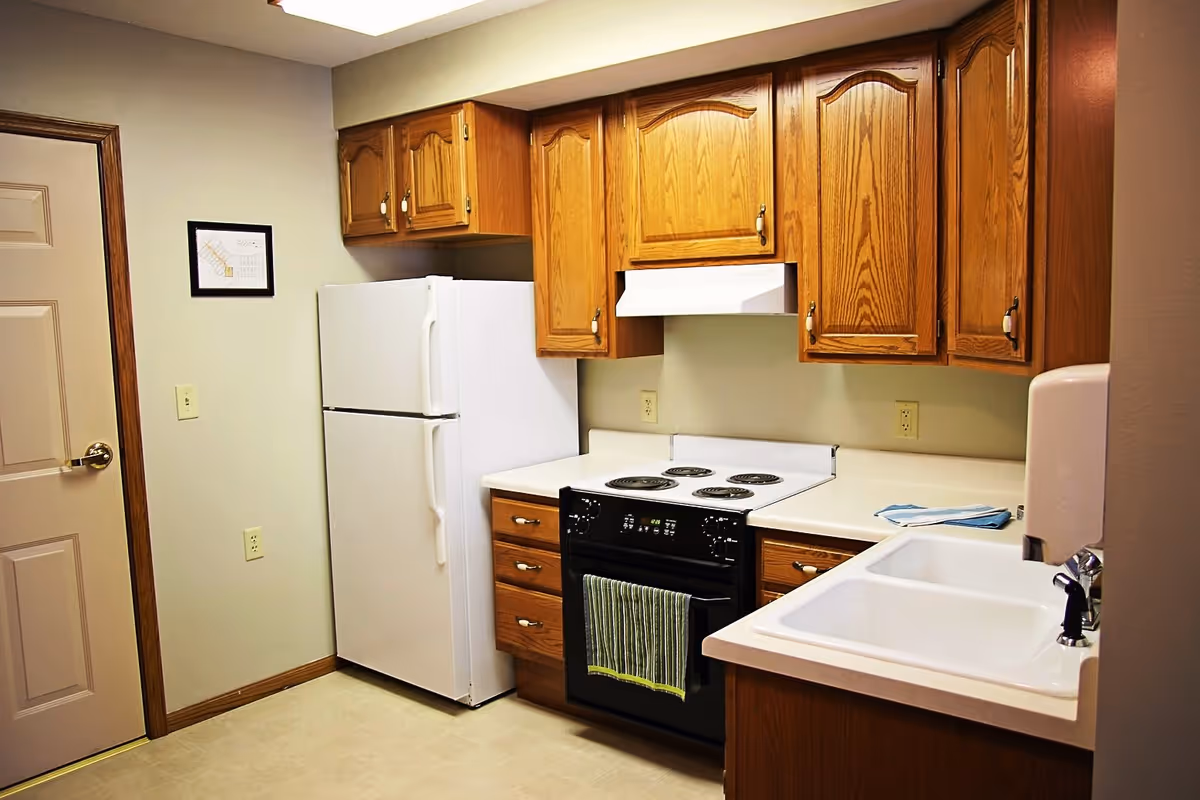A kitchen with wooden cabinets, a white refrigerator, a black electric stove with a green striped towel hanging on the handle, a white countertop, and a white sink with a soap dispenser mounted on the wall above it. There is a closed beige door on the left side and a small framed picture hanging on the wall next to the refrigerator.