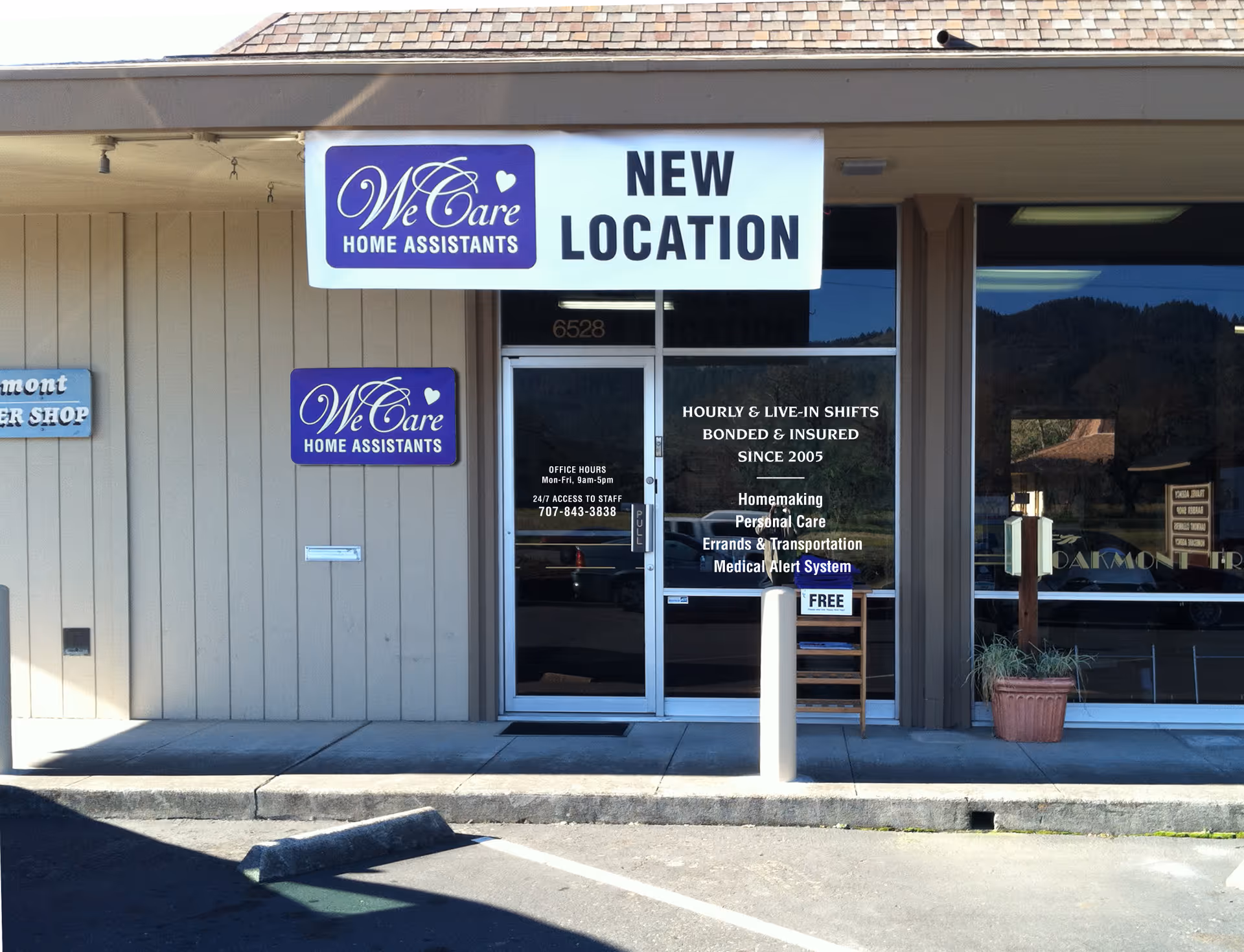 Exterior storefront shows New Location sign for WeCare Home Assistants and entrance.